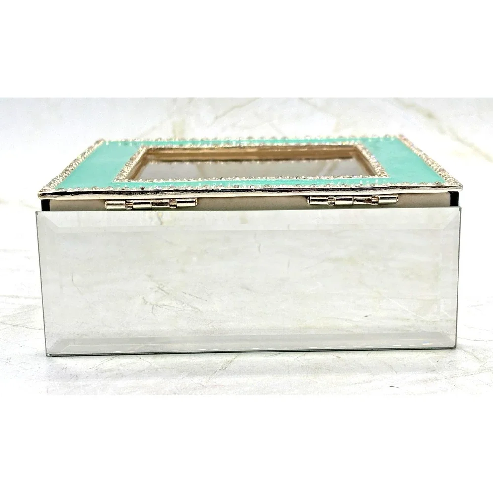 Nicole Miller Hollywood Regency Style Mirrored Trinket Box Seafoam Enamel EUC‎